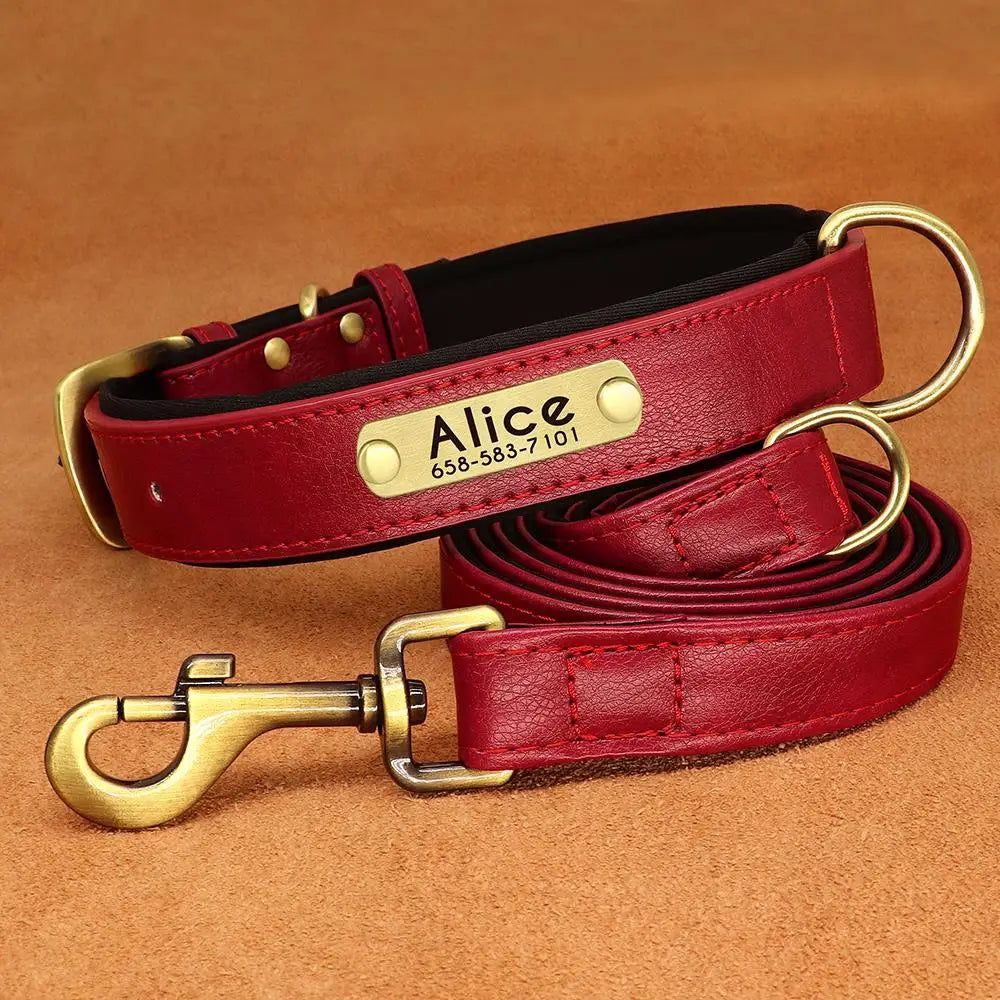 PawNook Luxury Engraved Dog Collar with leash, personalized leather in red with gold details.