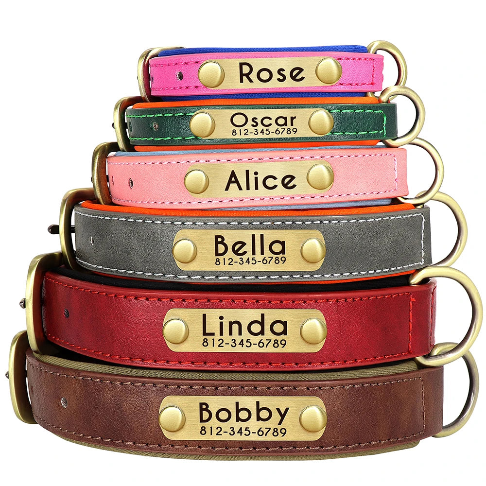 PawNook Luxury Engraved Dog Collar personalized leather collars stacked with names and contact information.